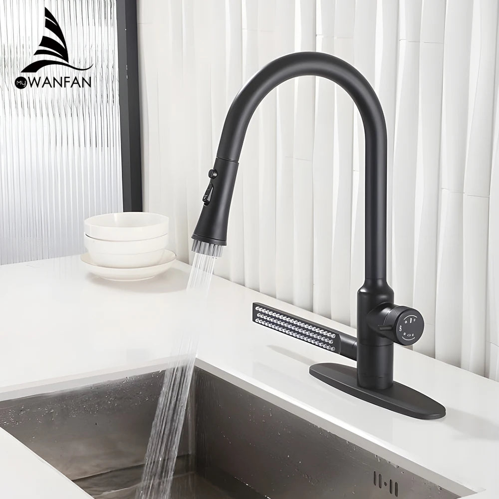 Modern Minimalist Black Kitchen Faucets Multifunctional Pull Out Tap Single Hole Handle Grey 360° Swivel Water Mixer Tap 0366