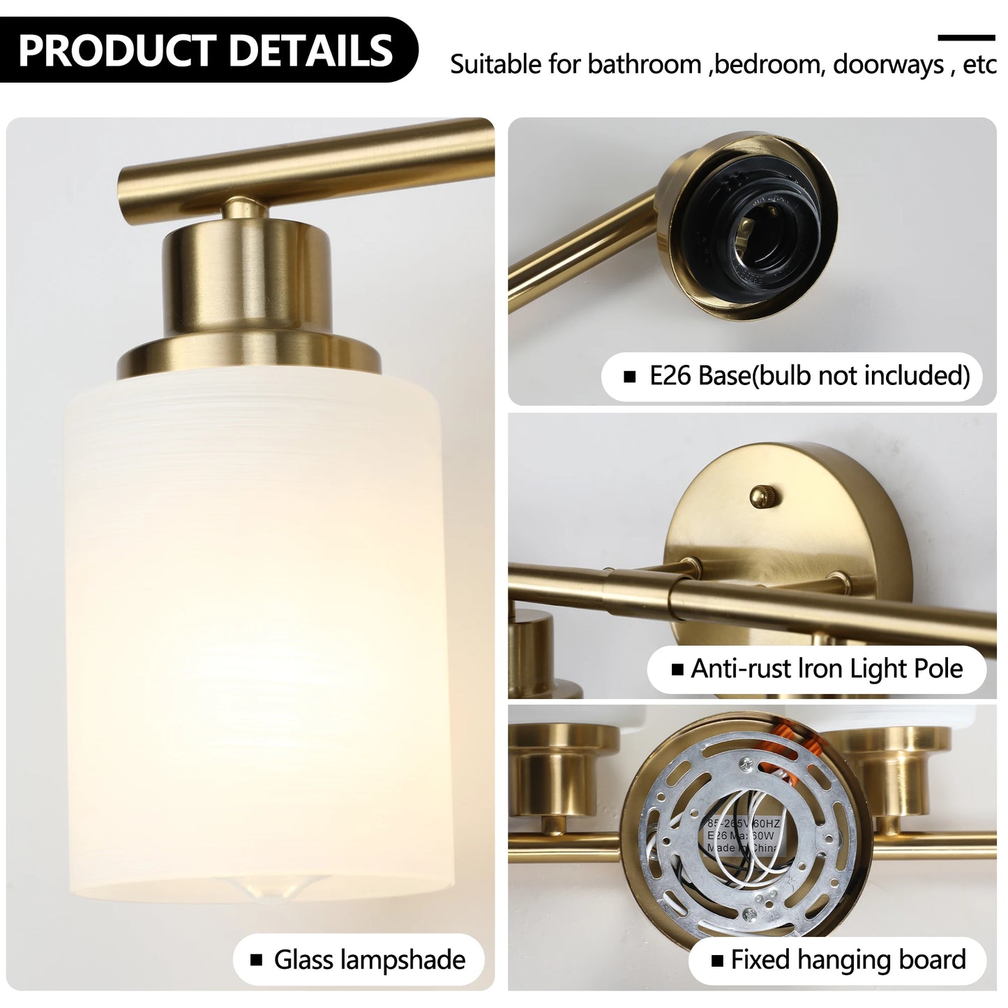 24" Modern 4-Light Vanity Bathroom Mirror Light, Frosted White Glass with Iron Frame, Contemporary Wall Sconce