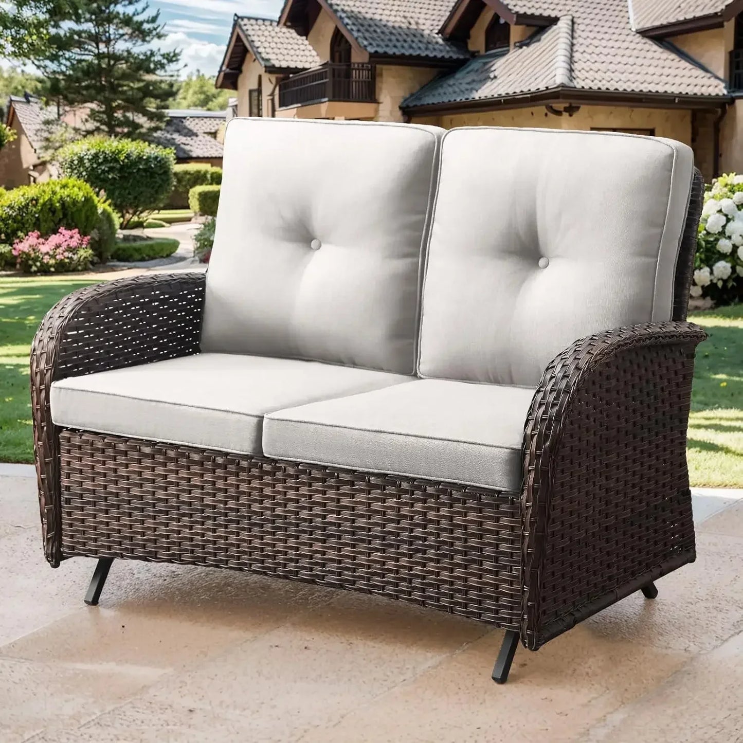 Patio Loveseat Wicker Loveseat Rattan Glider Sofa with Curved Armrest Thicking Back & Seat Cushions for Garden Balcony Backyard