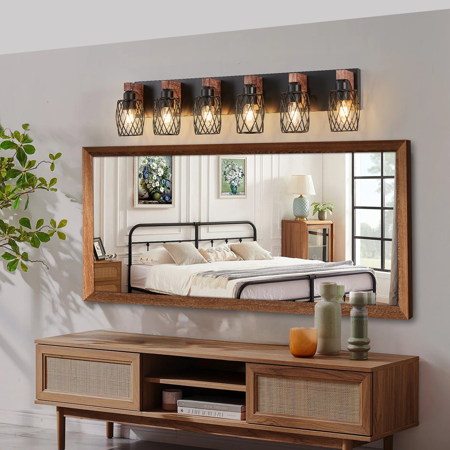 38" Industrial Vintage 6-Light Wall Sconce - Black Cage Wall Lighting Fixture with Wooden Accents