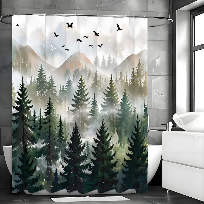 Green Misty Forest Shower Curtain Set Ombre Sage Green White Waterproof Fabric Shower Curtains