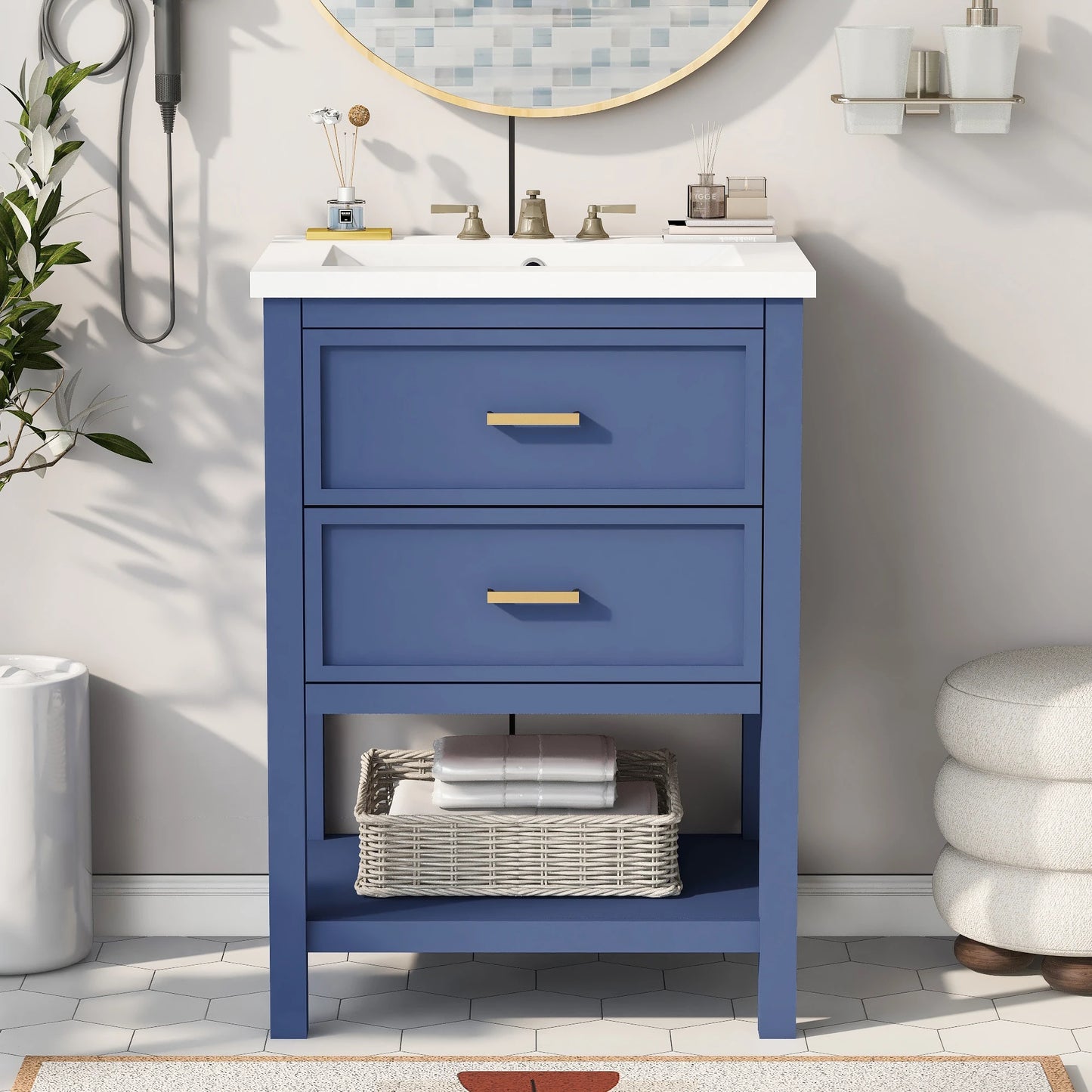 SH.KL 24'' Bathroom Vanity with Top Sink, Free Standing Single Basin Vanity Set with 2 Drawers, Wooden Bathroom Cabinet, Blue