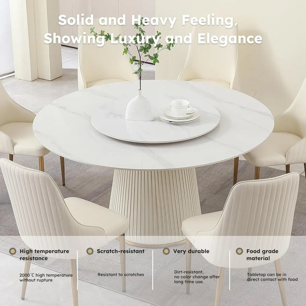 Round Dining Table Set with Removable Lazy Susan, Luxury 59" D Marble Dining Table Set of 8, Modern Sintered Stone Dining Table