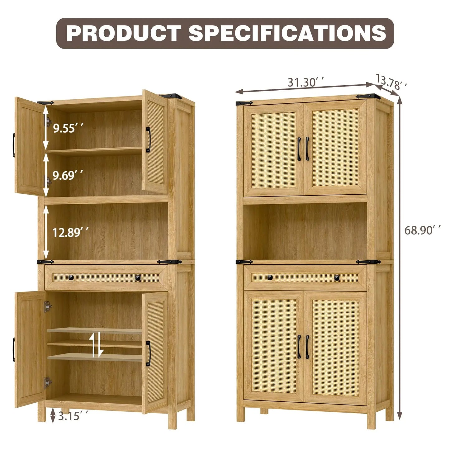 Vabches Kitchen Pantry Cabinet with Drawer & 4 Rattan Doors 69'' Tall Freestanding Wood Storage Cabinet for Kitchen Living Room
