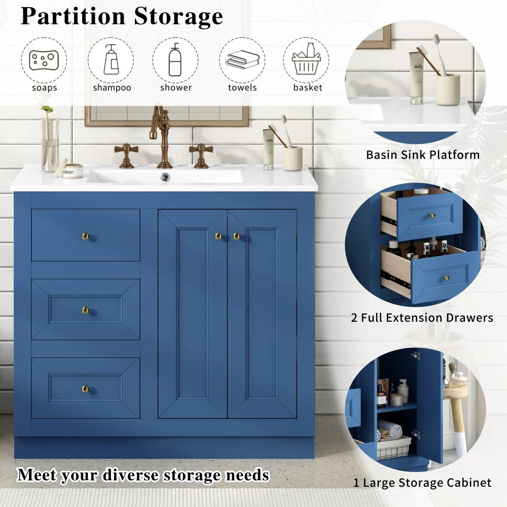 36inch Bathroom Vanity with Ceramic Sink, Bathroom Storage Cabinet with 2 Drawers& Shelf, Solid Wood and MDF Board