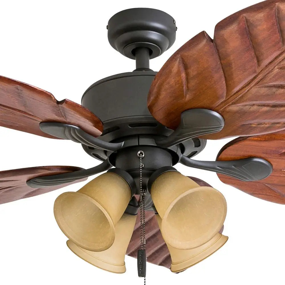 Tropical Ceiling Fan with Light Energy Efficient Hand-Carved Wooden Blades Quiet Reversible Motor Medium Large Rooms