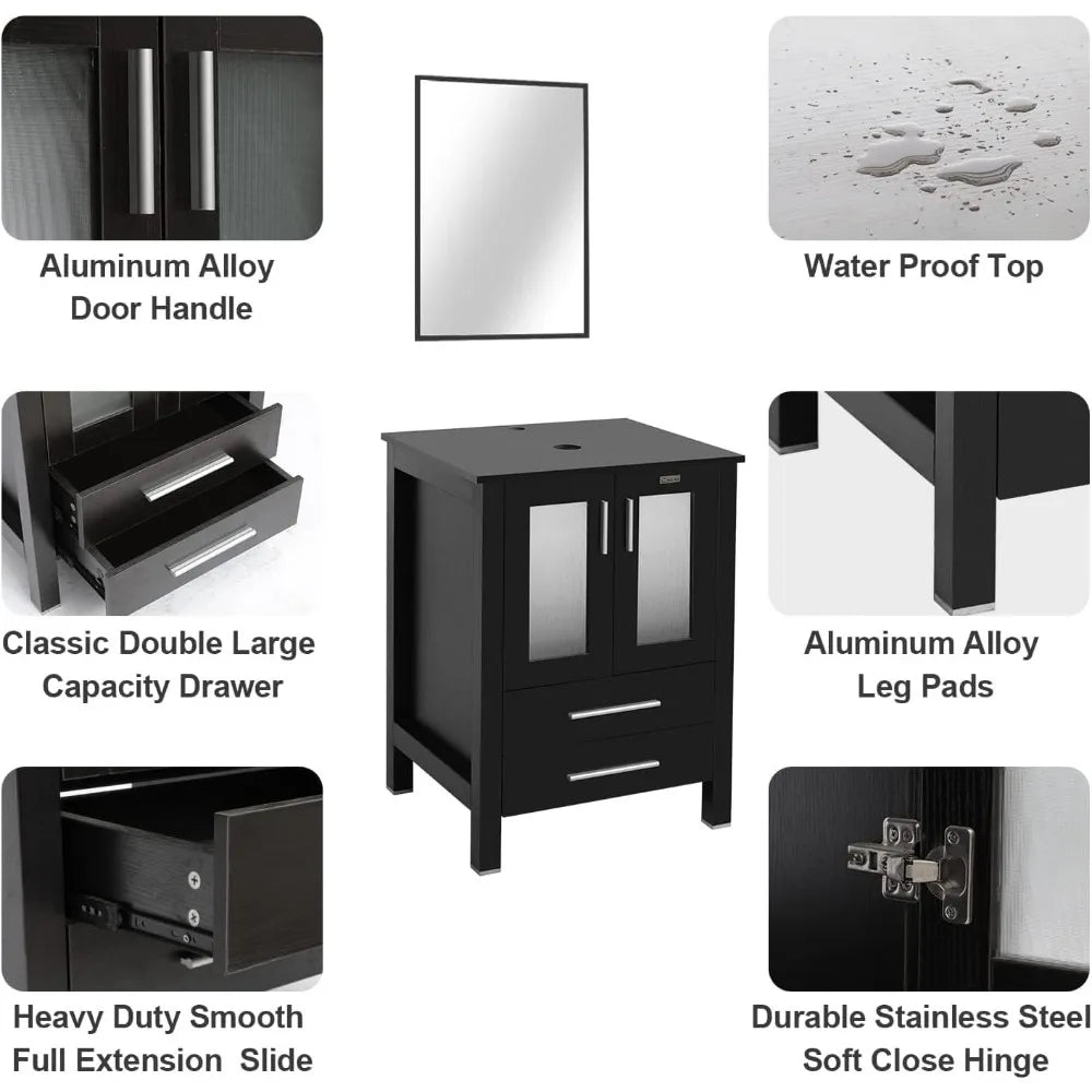 48" Modern Bathroom Vanity Sink Combo Black W/Small Side Cabinets Clear Boat Glass Vessel Sink & Water Save Faucet & Pop Up Dra