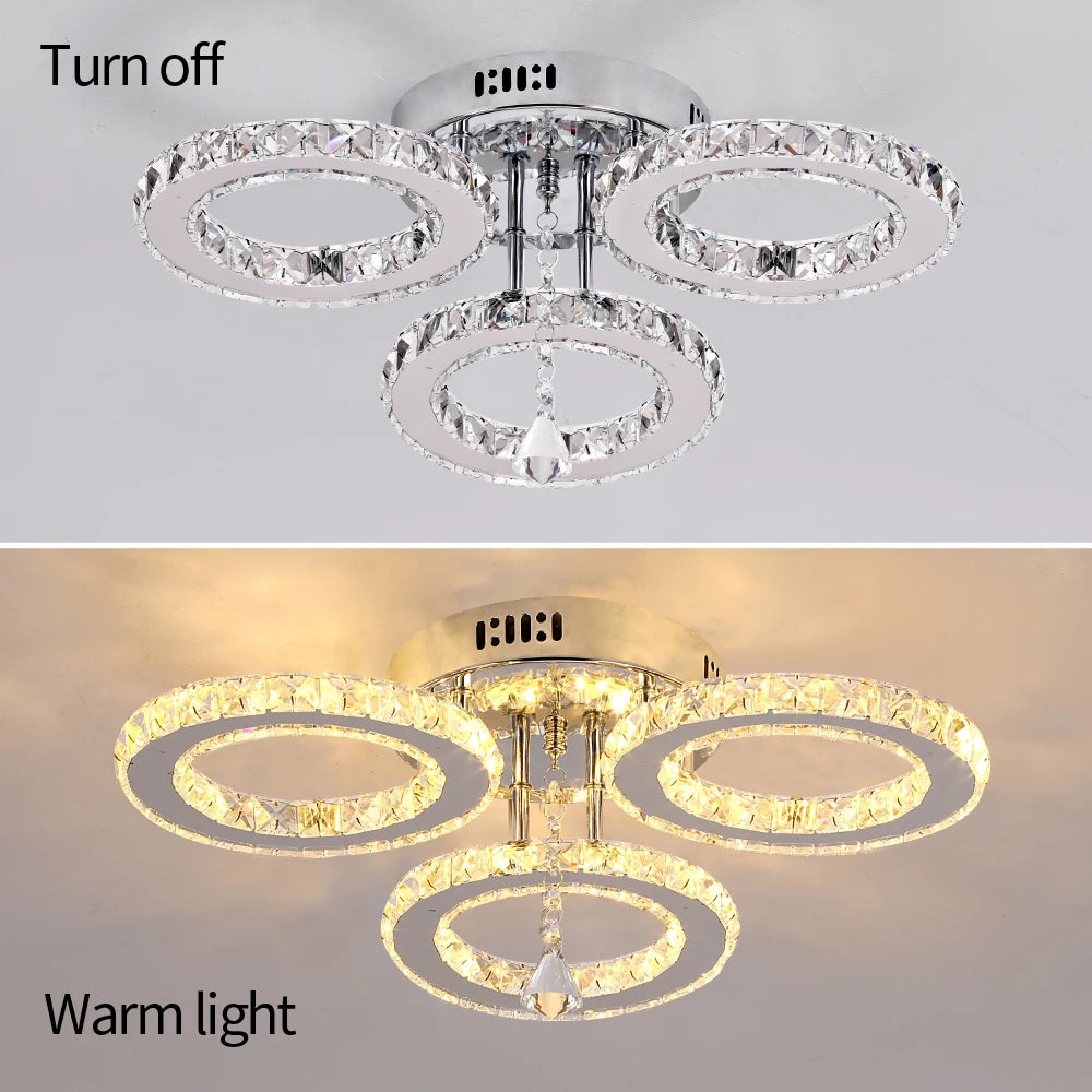 Crystal Chandelier Ceiling Lamp 3Rings Chrome Pendant Light Modern Flush Mount Fixtures for Bedroom Living Dining Room Luminaire