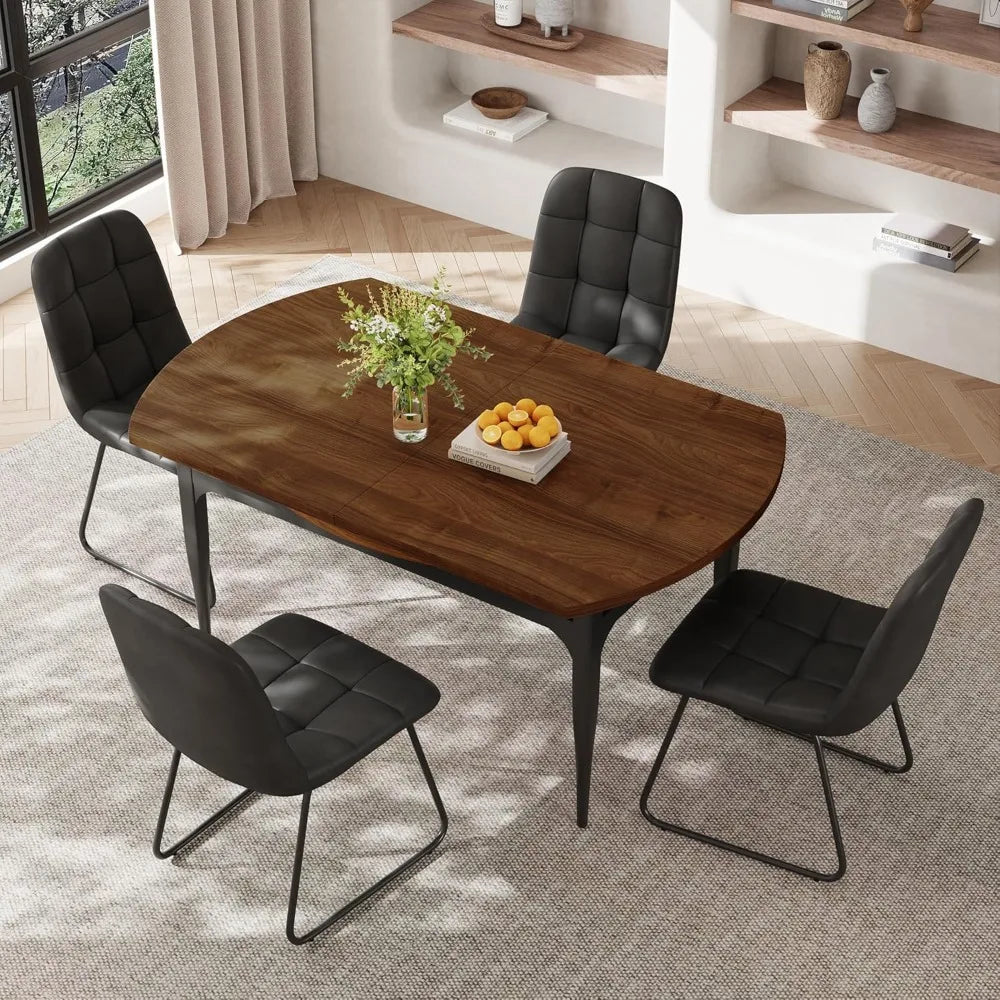 Expandable Folding Dining Table Set, 55-Inch Round to Square Table with 6 Upholstered Chairs, Metal Frame, for Dining Room or