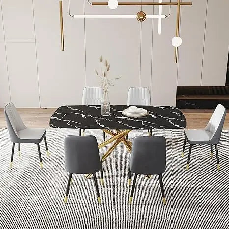 Modern Dining Table Set for 6, 63" Dinner Table Set for 6,Marble-Patterned Tempered Glass Kitchen Tabletop Silver Legs and 6 Bla
