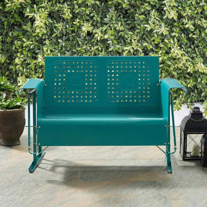 Bates Retro Metal Outdoor Loveseat Glider, 2-Person Rocking Patio Bench for Porch, Deck, Turquoise Gloss