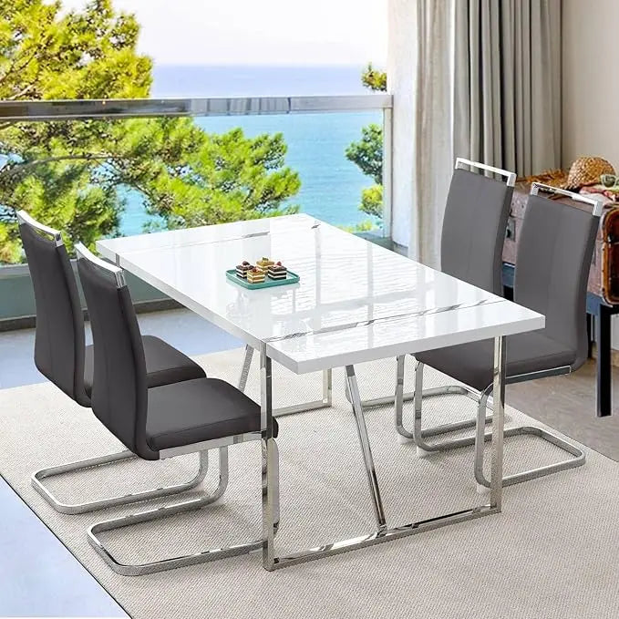 Restaurant Furniture, Modern Metal Frame Dining Room Table Set 4 with Metal Frame For Kitchen, Leather Dining Chairs Dining Set