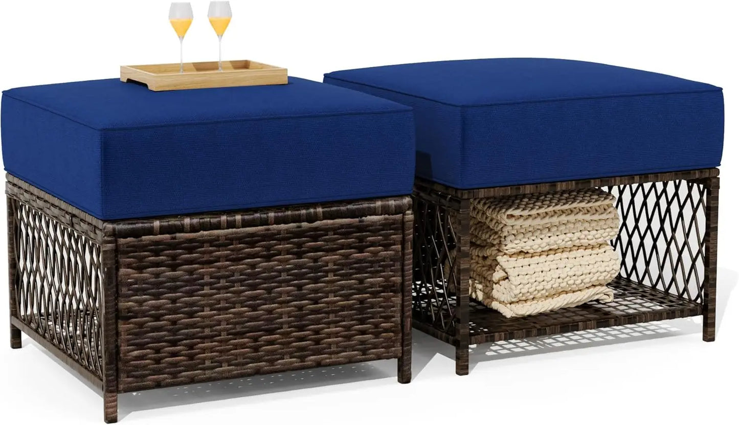 2 Pieces Outdoor Patio Ottomans All Weather Rattan Wicker Ottoman Seat Patio Rattan Furniture Outdoor Footstool Footrest Seat