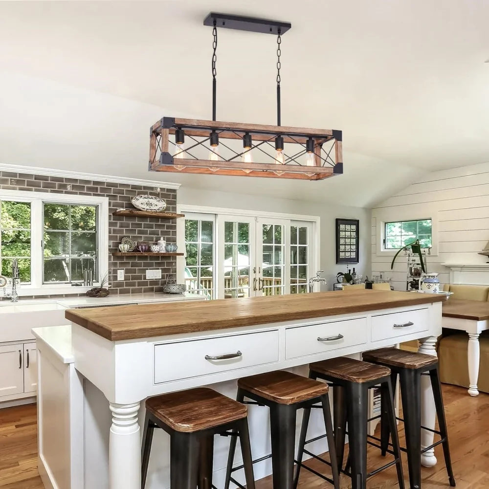 Farmhouse Kitchen Island Lighting 5 Light Wood Chandelier for Dining Room Adjustable Height Pendant Lamp Fixture for Bar Table