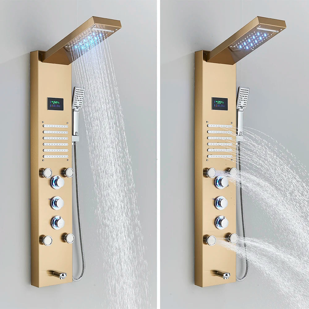 Black LED Light Shower Panel Waterfall Rain Shower Faucets SPA Massage Jet Bath Shower Column Shower system Mixer Tap Tower