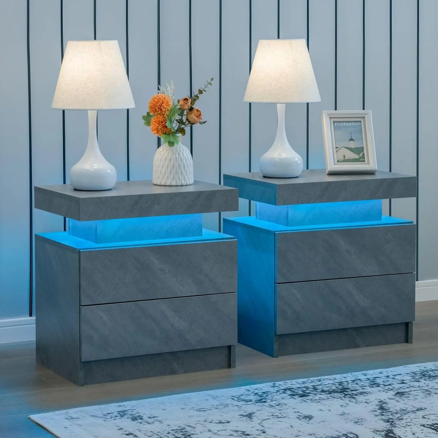 LED Nightstand Set of 2 with 2 Drawers, Bedside Table with Drawers for Bedroom Furniture, Side Bed Table