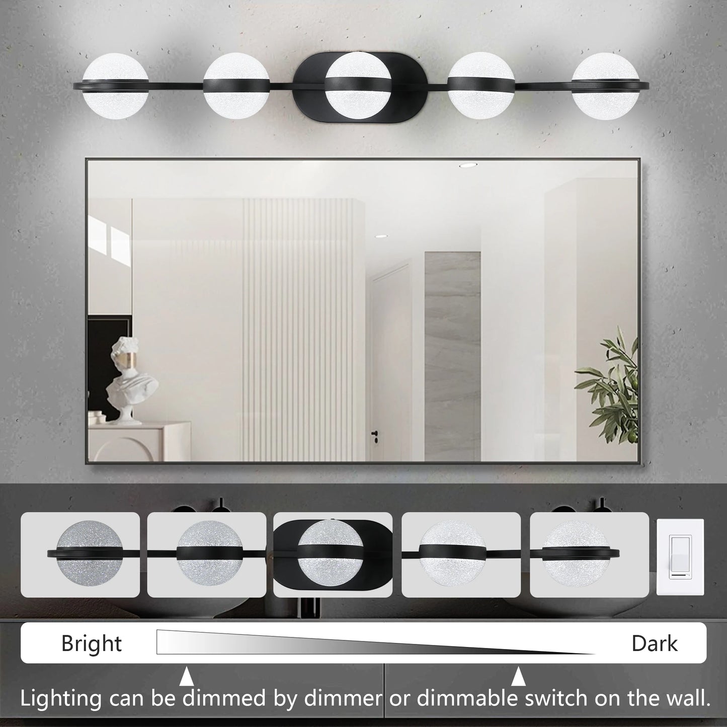 Modern Minimalist Bathroom Vanity Light, LED 5 Bulb Frosted Glass Shades, Wall Mounted Decorative Lighting Fixture (Black)