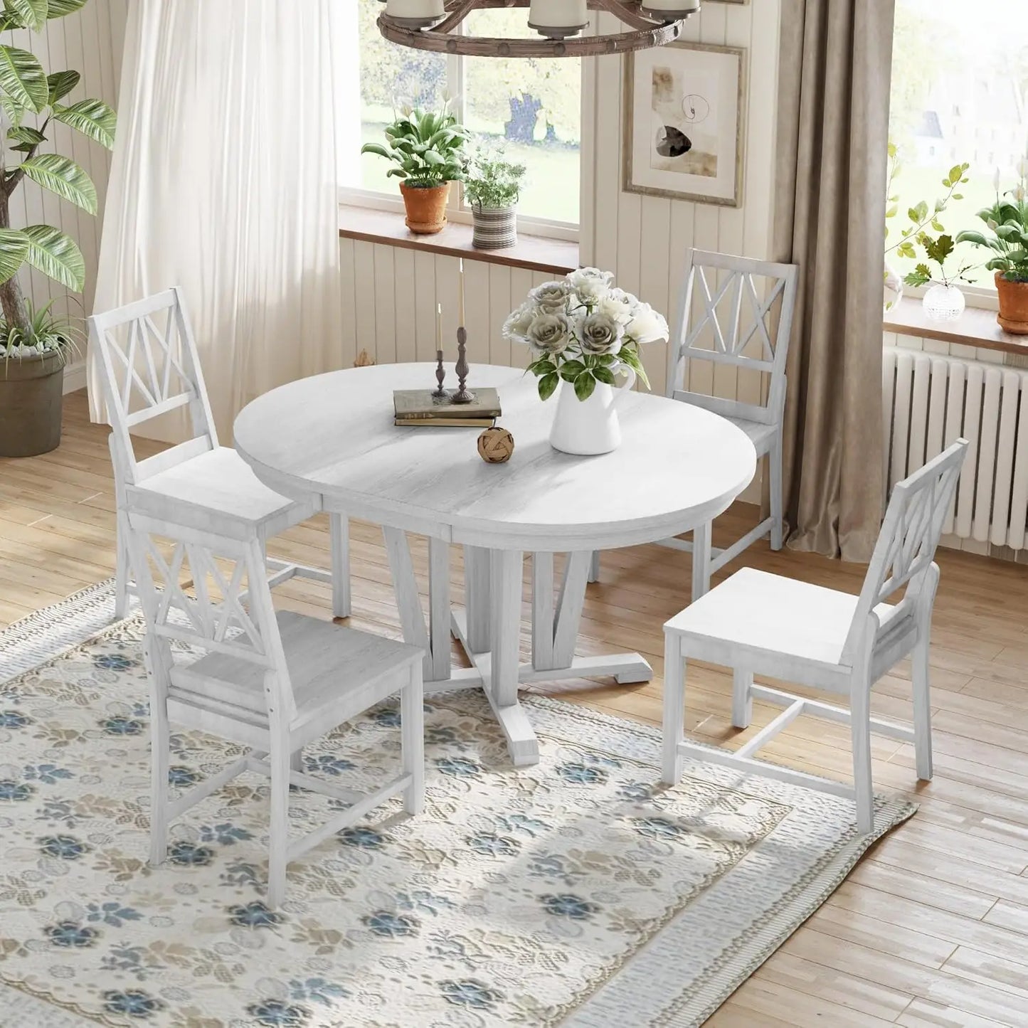 5-Piece Extendable Dining Table Set, Farmhouse Kitchen Table for 4 6-8 People with Removable Middle Leaf and 4 Cross Back Chairs