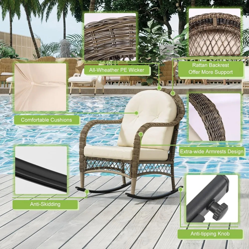 3 Pieces Patio Conversation Set, Lounge Rocking Chair with Cushion and Coffee Table, Wicker Bistro Set, Outdoor Furniture for Po