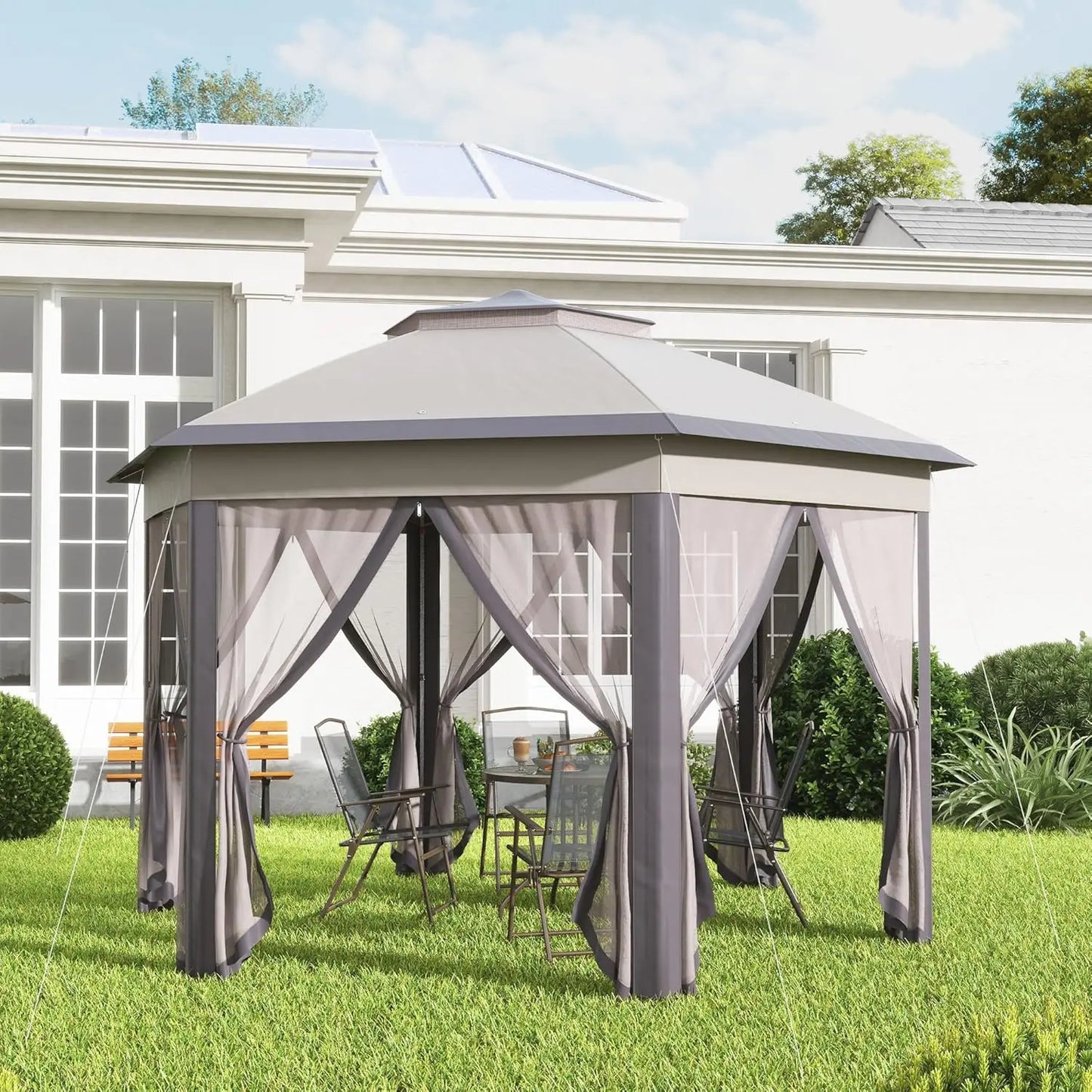 13' x 13' Pop Up Gazebo, Hexagonal Canopy Shelter with 6 Zippered Mesh Netting, Event Tent with Strong Steel Frame for Patio