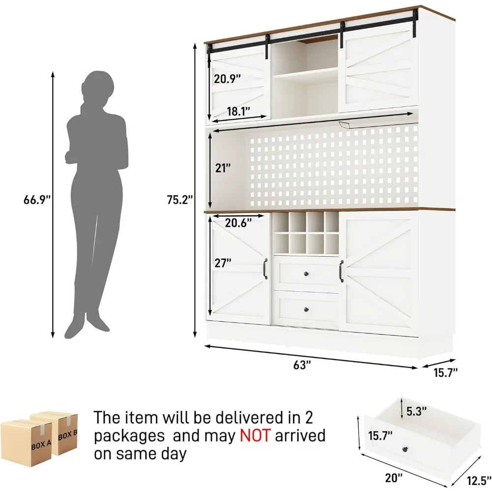 75” Kitchen Pantry Storage Cabinet, Farmhouse Kitchen Hutch Cabinet with Power Outlet,with Microwave Shelf & Wine Rack