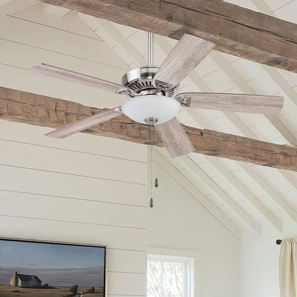 Ceiling Fan 52 Inch Brushed Nickel Five Blades Light Kit Pull Chains Reversible Airflow Quiet Motor Living Room