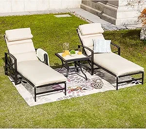 3 Pcs Chaise Lounge Set of 2 Patio Chairs with Adjustable Backrest in 4 Reclining Levels and 1 Metal Bistro Table with Tempered