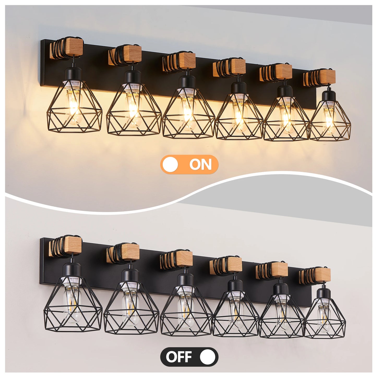38" Modern Geometric 6-Light Vanity Light Fixture with Black Metal, Wooden Accents and Cage Lampshade