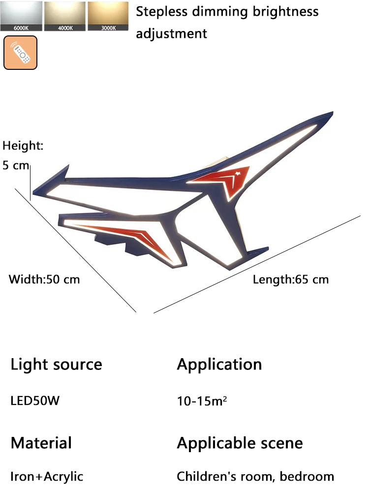 Kids' Room Aircraft Ceiling Light, Creative Cartoon Smart Remote-Controlled Eye-Caring Lamp for Boys' Bedroom