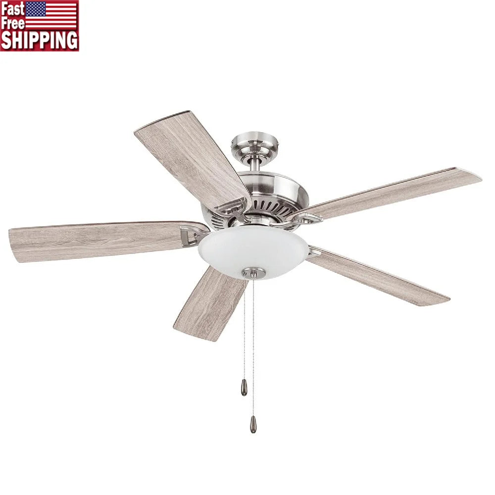 Ceiling Fan 52 Inch Brushed Nickel Five Blades Light Kit Pull Chains Reversible Airflow Quiet Motor Living Room