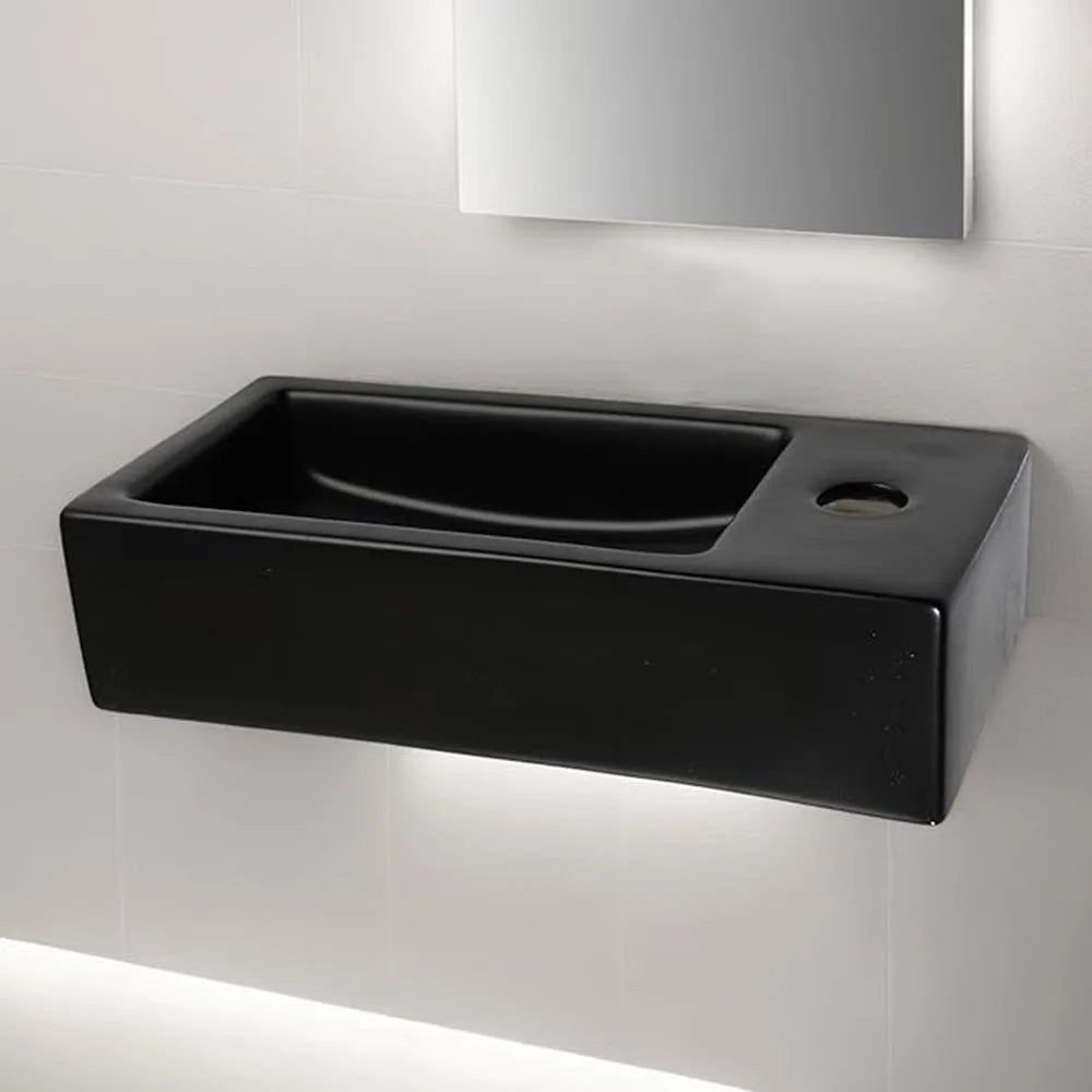 KEMAIDI Wall Mounted Marbling Vessel Sink 15x7 inch Rectangular White Floating Small Bathroom Ceramic Sinks Porcelain Basin Bowl