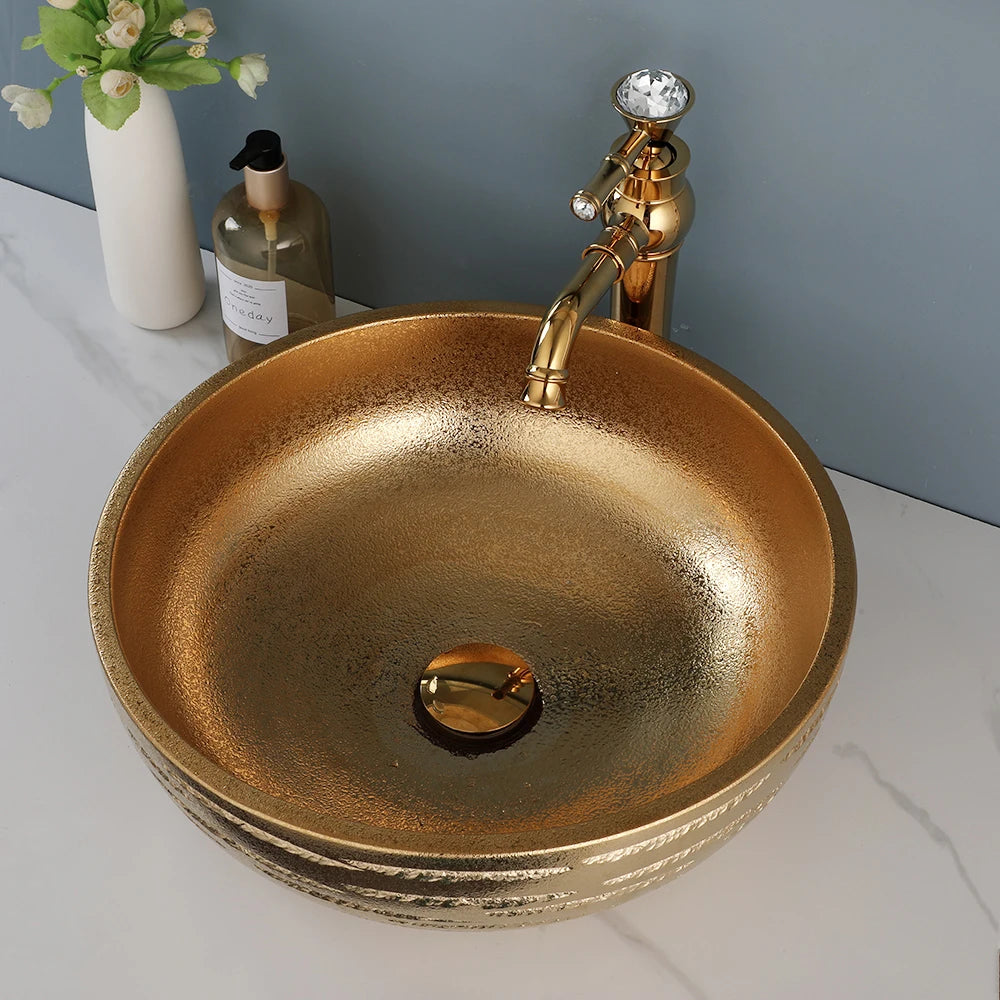 Torayvino Gold Round Bathroom Ceramic Lavatory Set Bath Mixer Washbasin Vessel Sink 360 Swivel Faucets W/ Pop-up Drain Combo Kit