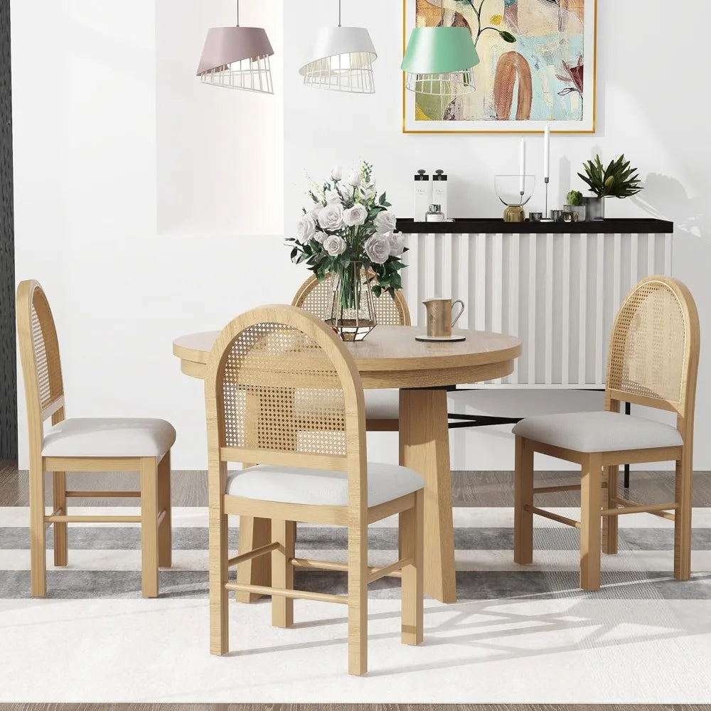 5-Piece Retro Functional Dining Set, Solid Wood Extendable Dining Table with 4 Upholstered Chairs and Rattan Backrests