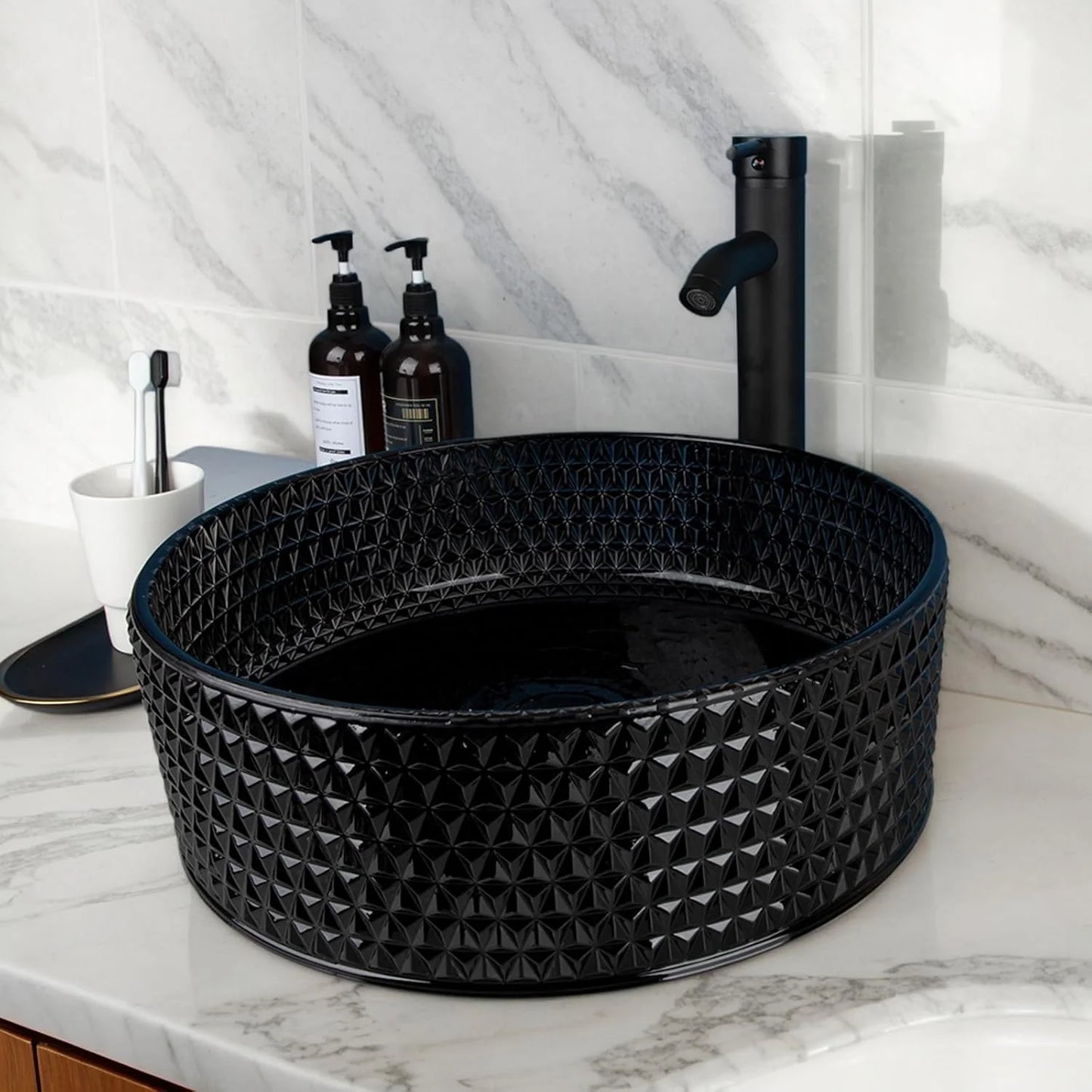 KEMAIDI Black Crystal Bathroom Vessel Sink with Faucet Tempered Glass Sink Above Counter Round Bathroom Sink Bowl Art Basin