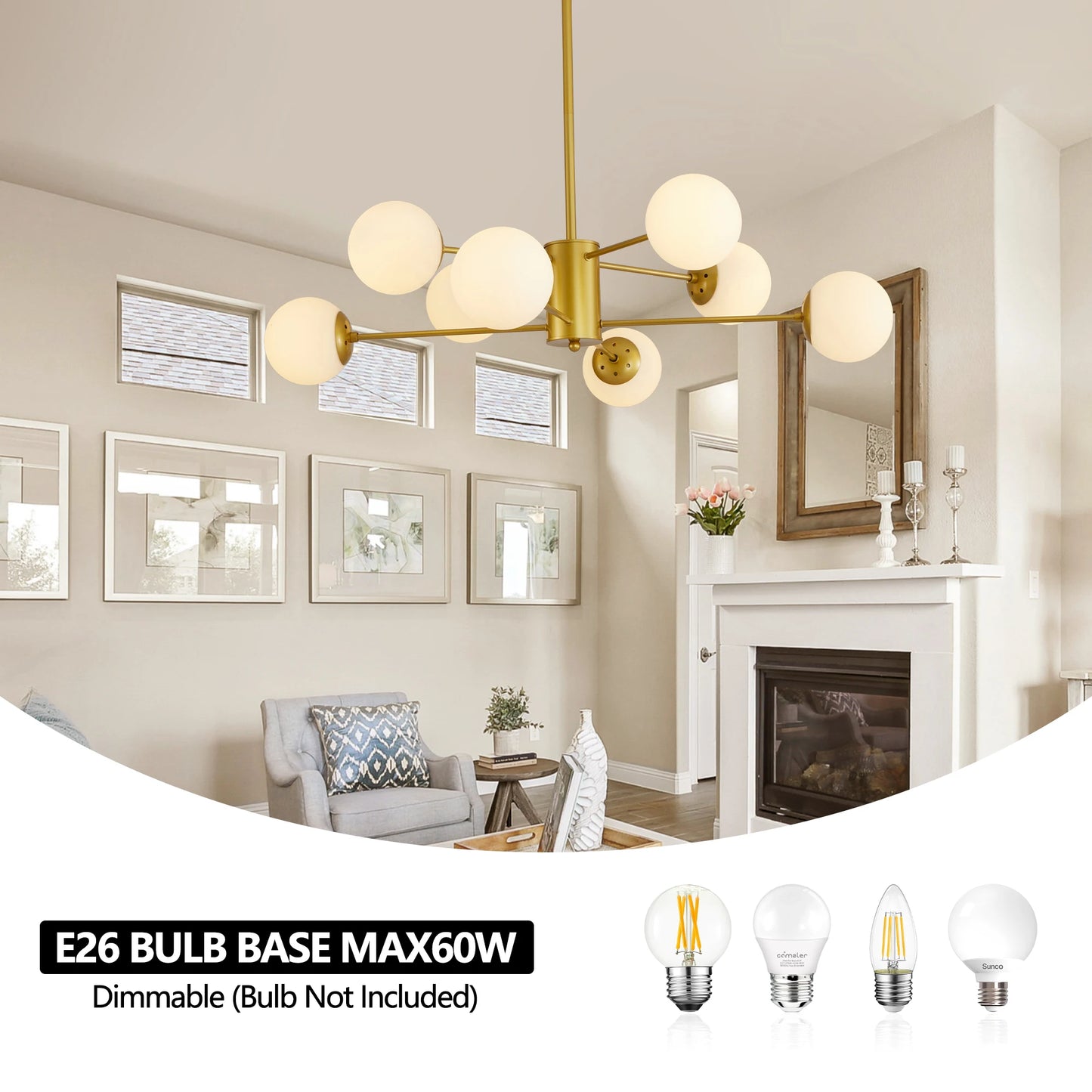 Modern 8-Light Gold Chandelier with White Glass Globe Shades, Elegant Ceiling Light Fixture (No Bulbs)