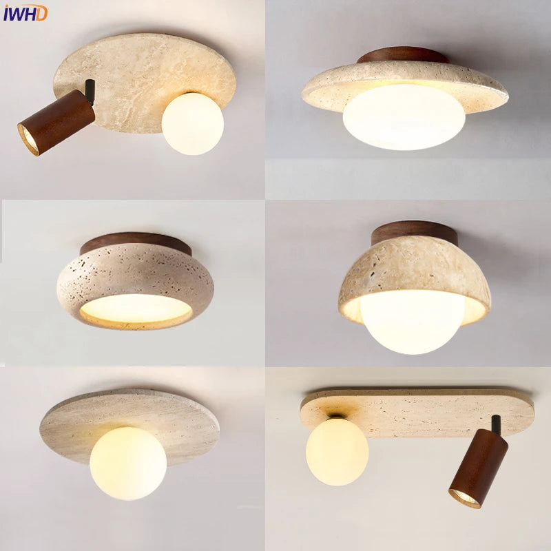 IWHD Nordic Modern Ceiling Lamp Wood Yellow Travertine LED Ceiling Light For Home Decoration Aisle Stair Bar Lámparas Para Techo