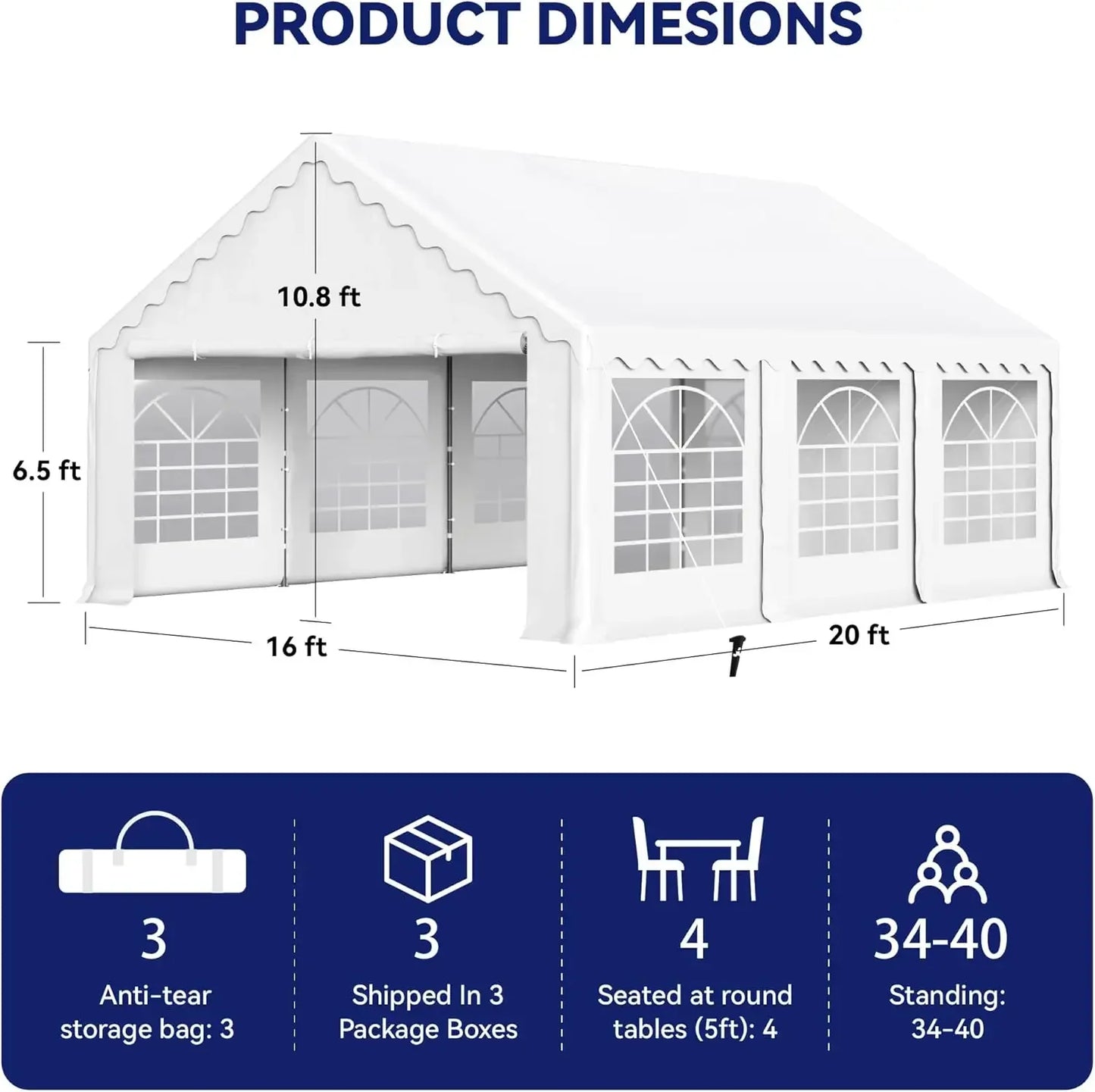 20'x16' Outdoor Heavy Duty Party Tent Large Commercial Canopy Wedding Event Shelter with Removable Sidewalls & 3 Storage Bags