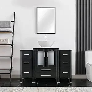 48" Modern Bathroom Vanity Sink Combo Black W/Small Side Cabinets Clear Boat Glass Vessel Sink & Water Save Faucet & Pop Up Dra