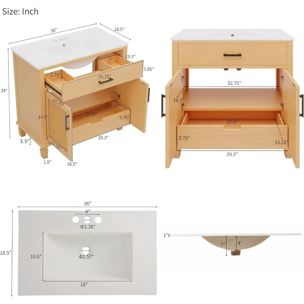 36" Bathroom Vanity with Sink, Modern Solid Wood Floor Standing Bathroom Cabinet with Ample Storage Space, Bathroom Vanities wi