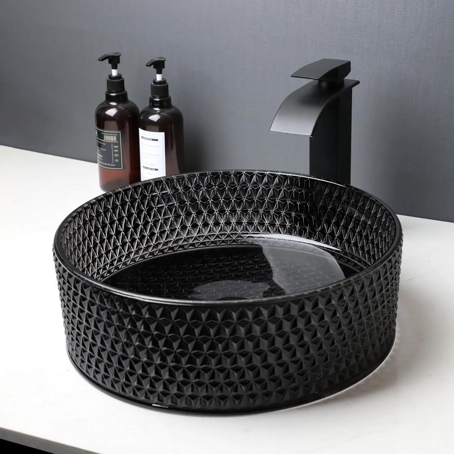 KEMAIDI Black Crystal Bathroom Vessel Sink with Faucet Tempered Glass Sink Above Counter Round Bathroom Sink Bowl Art Basin