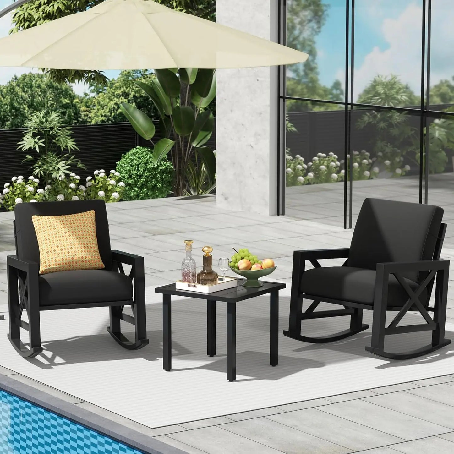 Rocking Bistro Set, 3 Piece Outdoor Patio Conversation Furniture Set with 2 Rockers and 1 Metal Coffee Table with Thick Cushions