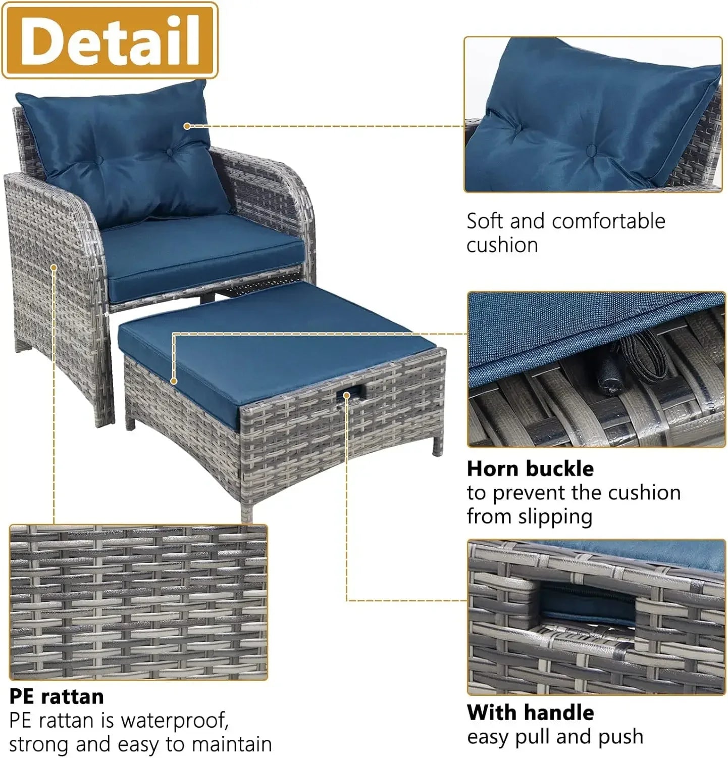 Outdoor Patio Furniture 5 Pieces Wicker Chairs Set with Ottoman All Weather PE Rattan