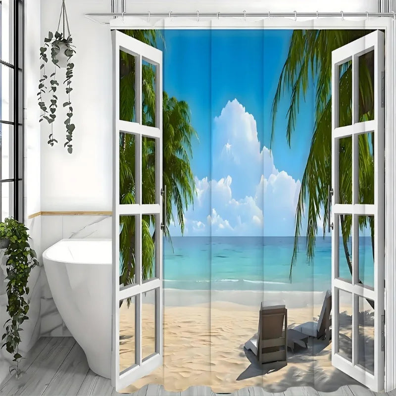 Shower Curtain, Palm Tree Decor Ocean Beach Seascape Through White Wooden Windows