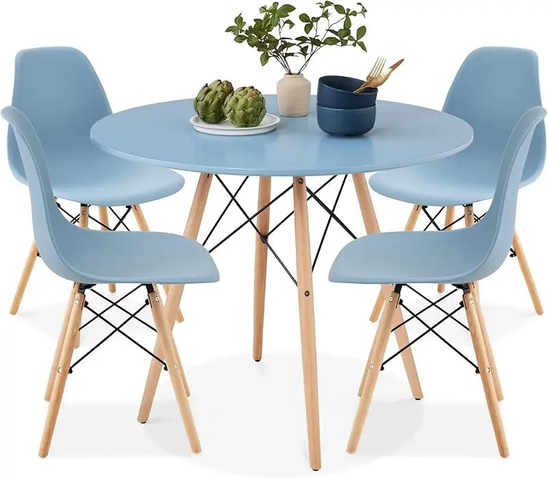 5-Piece Dining Set, Compact Mid-Century Modern Table & Chair Set for Home, Apartment w/ 4 Chairs, Plastic Seats, Wooden Legs