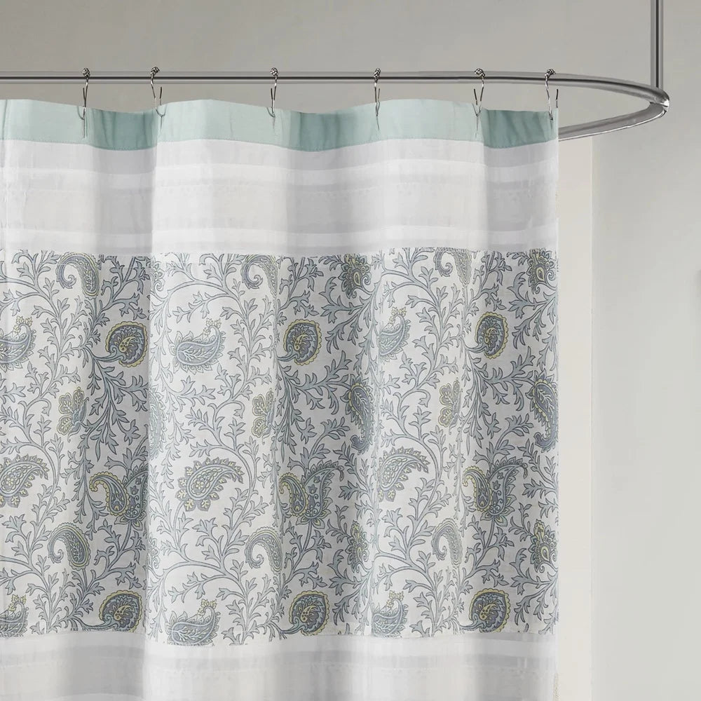 Charming Cotton Shower Curtain with Pintucked Detailing Paisley Design Lace Taping Oeko-Tex Certified Easy Care Machine Washable