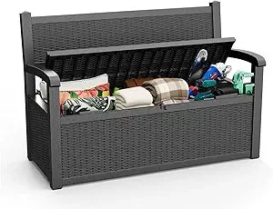 80 Gallon Storage Bench Deck Box Outdoor with Armrests,Storage Furniture Waterproof Lockable for Porch Patio and Garden(Gray)