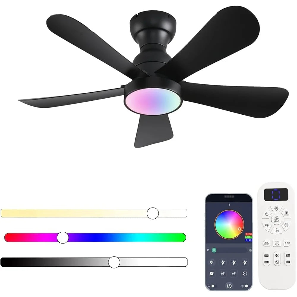 36inch Ceiling Fan with Lights Remote Control Reversible DC Motor RGB Dimmable Flush Mount Fan Indoor Outdoor Spaces