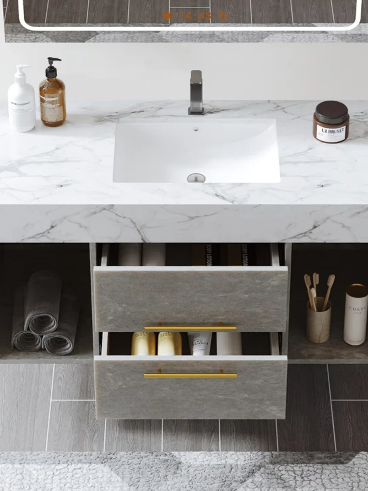 Wall mounted single bathroom dressing table easy to clean and install with artificial marble countertop