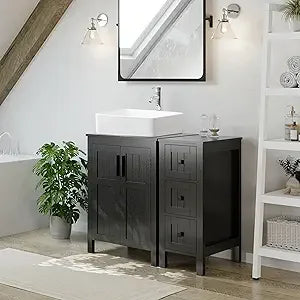 36" Black Bathroom Vanity With Sink Combo, Modern Cabinet With 3 Drawers, Grooved Doors & Metal Handles, Champagne Boat Tempere