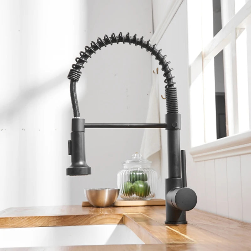 Black Kitchen Faucet 360 Degree Rotation Hot And Cold Wash Basin Tap With Pull Down Sprayer Single Handle Single Lever